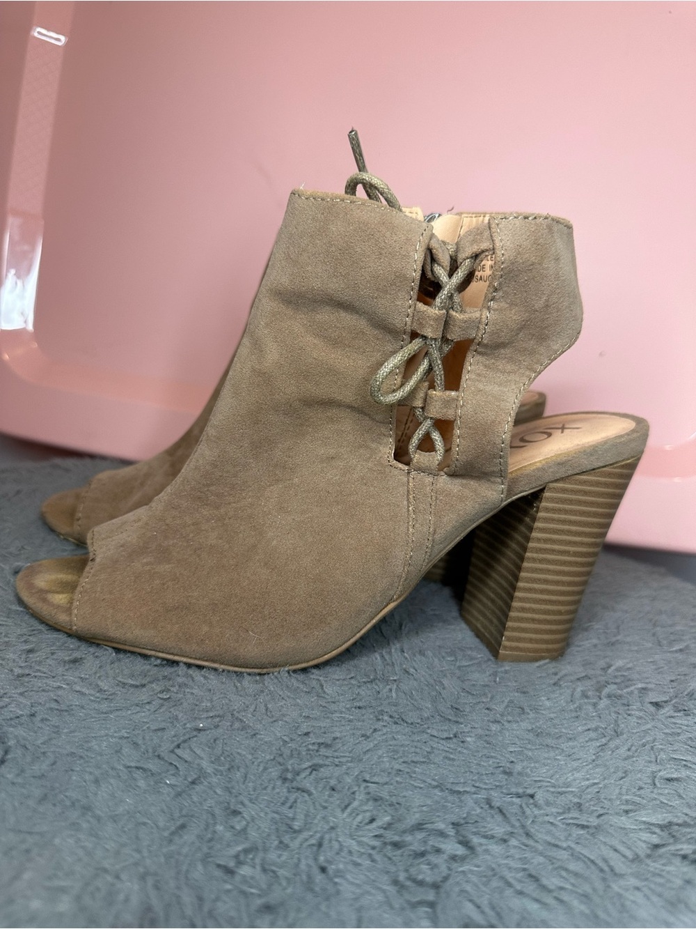 XOXO Taupe Suede Peep-Toe Lace-Up Block Heel Booties